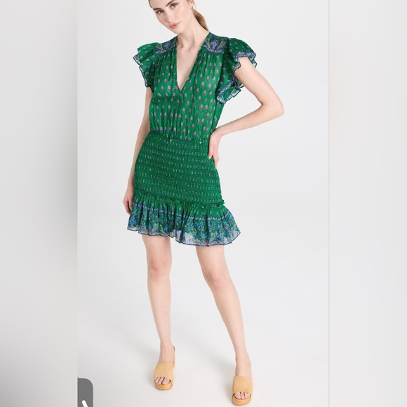 Veronica Beard Brindelle Mini Dress Smocked Flutter Sleeve Kelly Green Size 4 - Picture 6 of 15